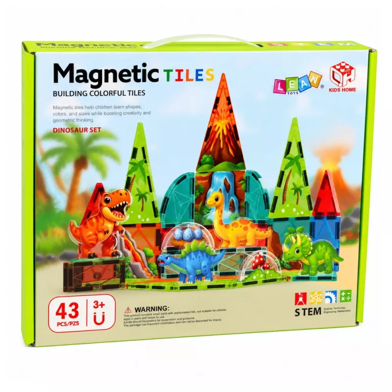 LEAN TOYS magnetiniai konstrukciniai blokai dinozaurai ugnikalnis rinkinys - 43 dalys STEM mokomasis statybinis žaislas vaikams 3+