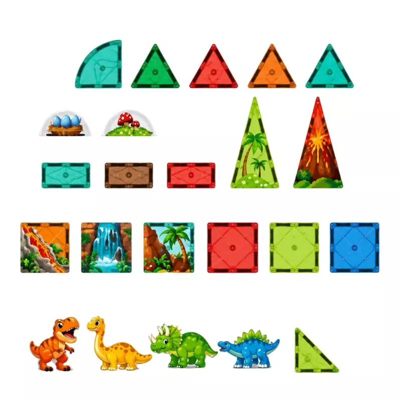 LEAN TOYS magnetiniai konstrukciniai blokai dinozaurai ugnikalnis rinkinys - 43 dalys STEM mokomasis statybinis žaislas vaikams 3+