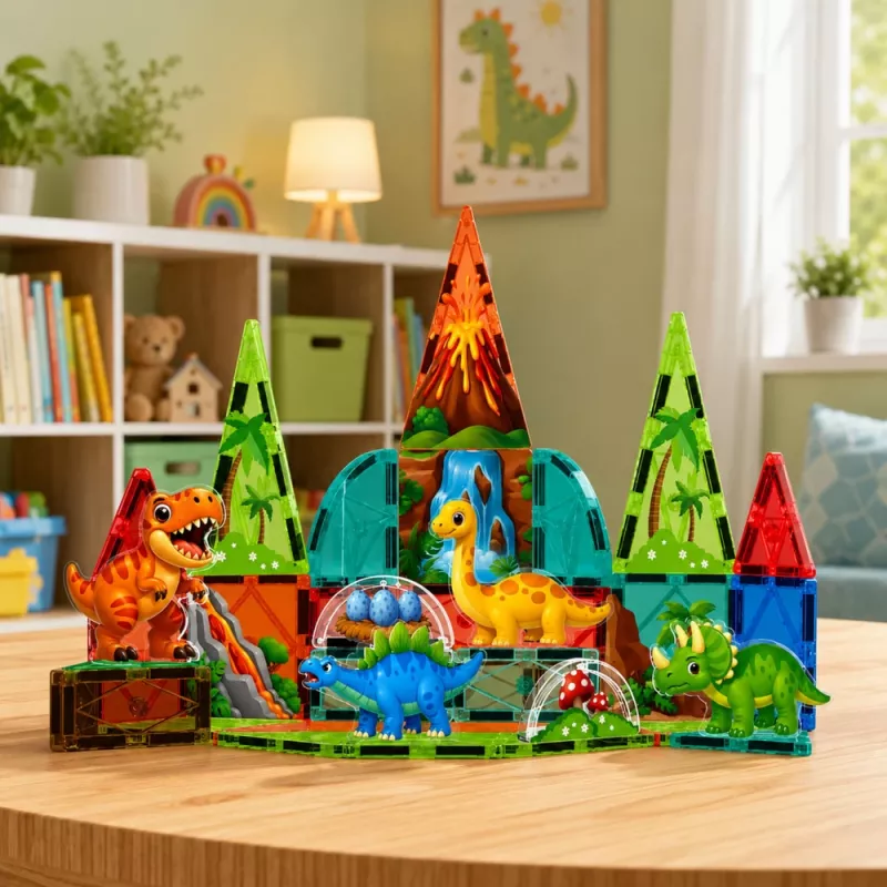 LEAN TOYS magnetiniai konstrukciniai blokai dinozaurai ugnikalnis rinkinys - 43 dalys STEM mokomasis statybinis žaislas vaikams 3+
