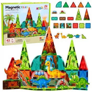 LEAN TOYS magnetiniai konstrukciniai blokai dinozaurai ugnikalnis rinkinys - 43 dalys STEM mokomasis statybinis žaislas vaikams 3+