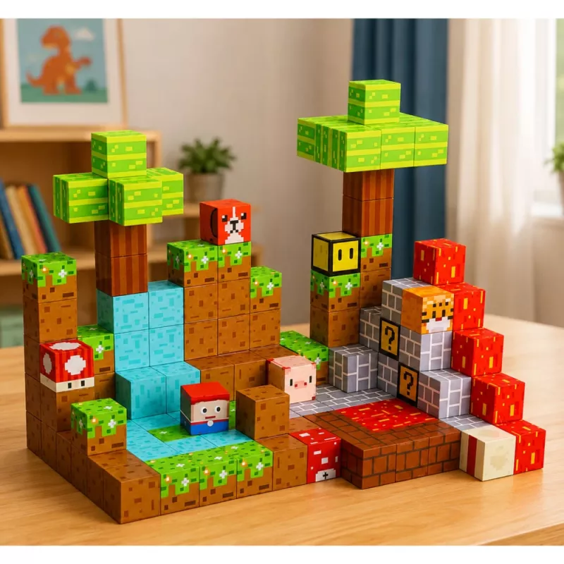 LEAN TOYS Magnetiniai konstrukciniai blokeliai Pixel World spalvoti kubeliai 146 vnt.