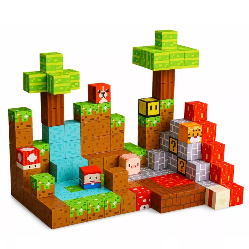 LEAN TOYS Magnetiniai konstrukciniai blokeliai Pixel World spalvoti kubeliai 146 vnt.