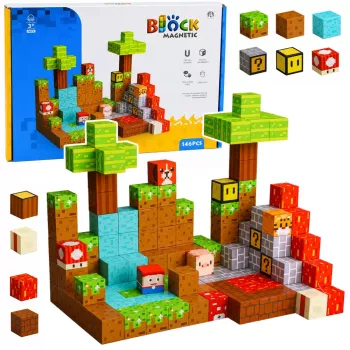 LEAN TOYS Magnetiniai konstrukciniai blokeliai Pixel World spalvoti kubeliai 146 vnt.