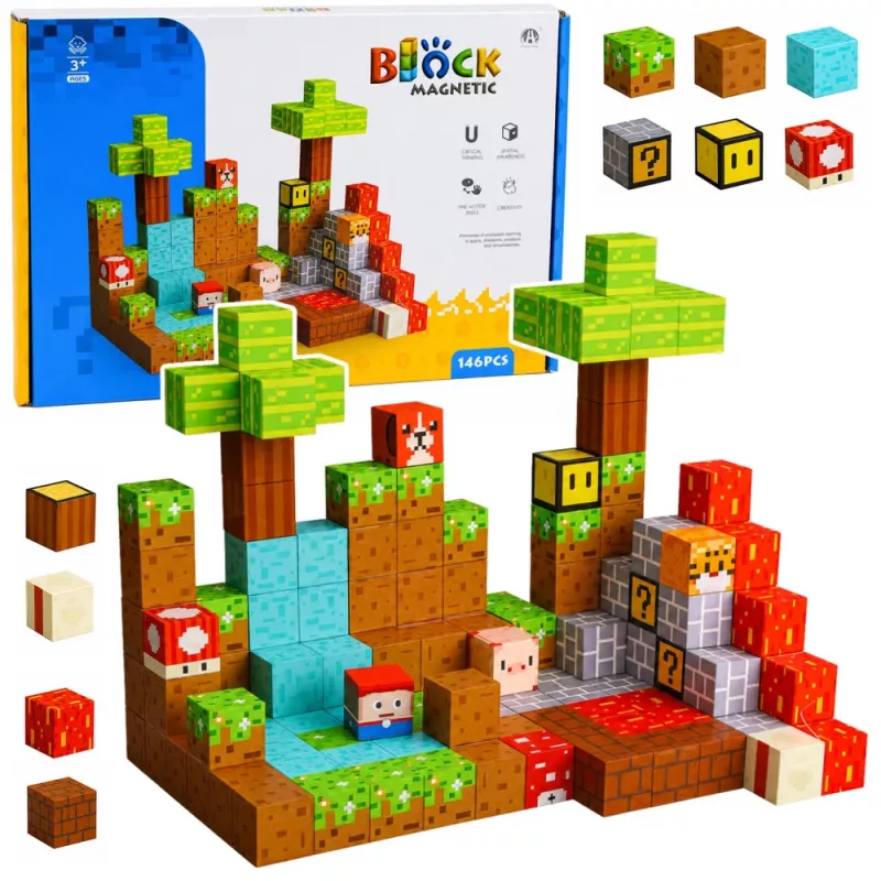 LEAN TOYS Magnetiniai konstrukciniai blokeliai Pixel World spalvoti kubeliai 146 vnt.