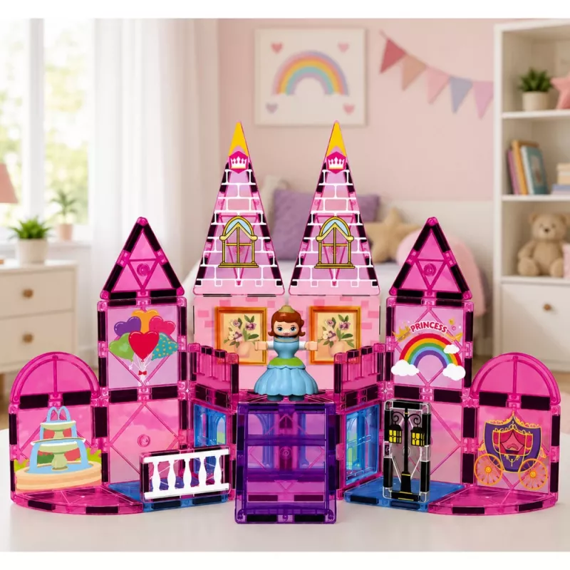 LEAN TOYS Magnetiniai konstrukciniai blokeliai Princess Castle Pink 38 vnt.