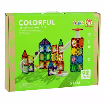 LEAN TOYS Magnetinių konstrukcinių blokelių rinkinys su vėžėmis, STEM kamuoliukais ir dinozaurais – 92 dalys