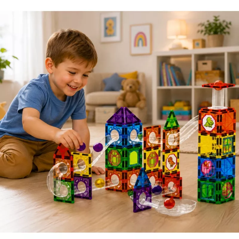 LEAN TOYS Magnetinių konstrukcinių blokelių rinkinys su vėžėmis, STEM kamuoliukais ir dinozaurais – 92 dalys