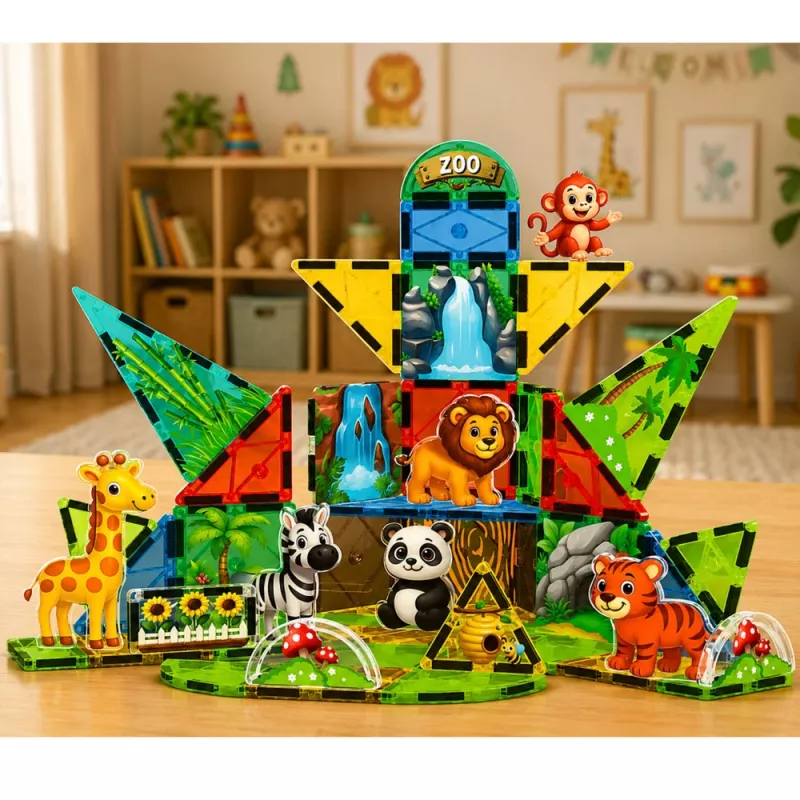 LEAN TOYS Magnetinės konstrukcinės kaladėlės Laukiniai gyvūnai Džiunglės ZOO 52 vnt.