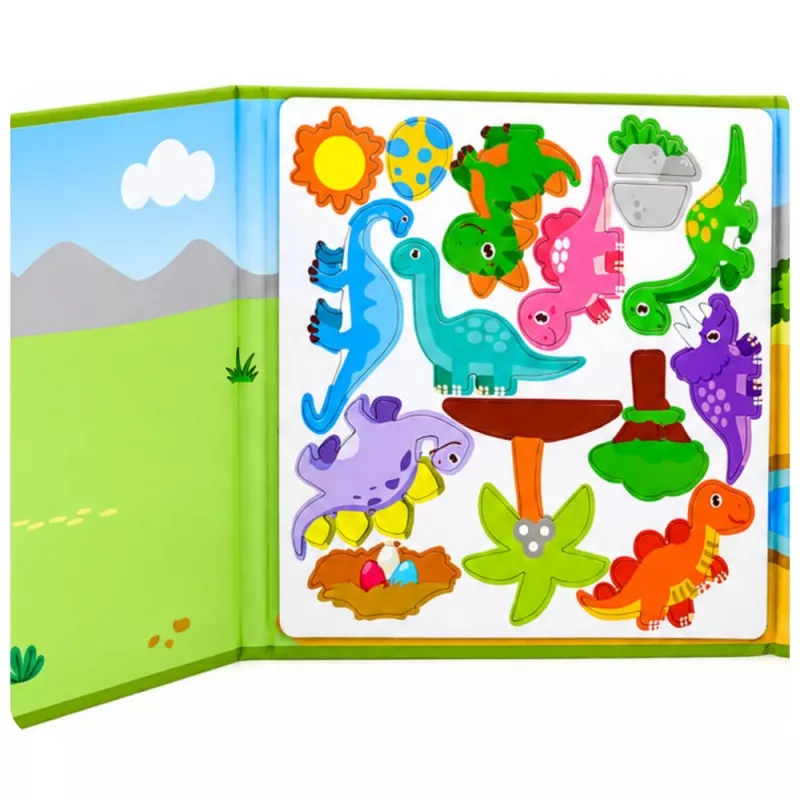 LEAN TOYS Magnetinė dėlionės knyga Dinozaurai Spalvoti magnetai 30 vnt.