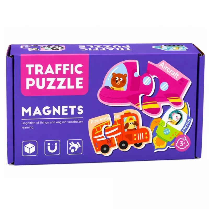 LEAN TOYS Magnetinė dėlionė Transporto priemonės Mokymosi rinkinys 30 vnt.