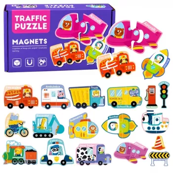 LEAN TOYS Magnetinė dėlionė Transporto priemonės Mokymosi rinkinys 30 vnt.