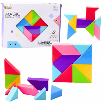 LEAN TOYS Magnetiniai tangramo blokeliai spalvinga dėlionė su lipdukais 9 vnt.