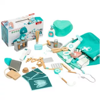 LEAN TOYS Medicininis rinkinys Mažasis daktaras Odontologas Medinė pirmosios pagalbos komplektacija Prijuostė 20 vnt.