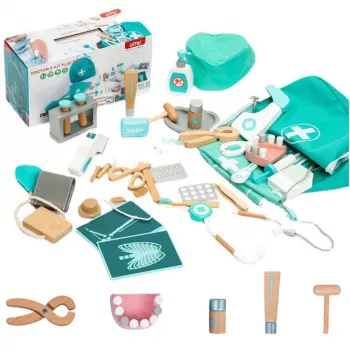 LEAN TOYS Medicininis rinkinys Mažasis daktaras Odontologas Medinė pirmosios pagalbos komplektacija Prijuostė 20 vnt.