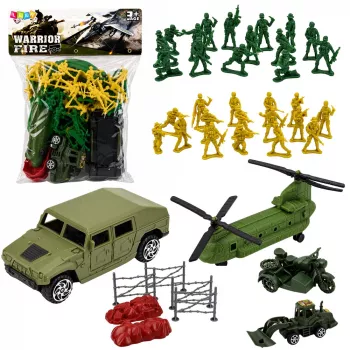LEAN TOYS karinis rinkinys su kareiviais, sraigtasparniu, transporto priemonėmis ir baze, 58 vnt.