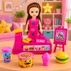 LEAN TOYS Mini lėlių rinkinys su kasos aparatu, pardavėja, mėsainiu, ledų aksesuarais
