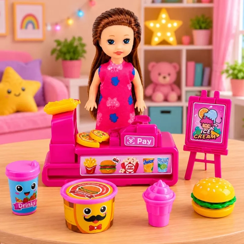 LEAN TOYS Mini lėlių rinkinys su kasos aparatu, pardavėja, mėsainiu, ledų aksesuarais