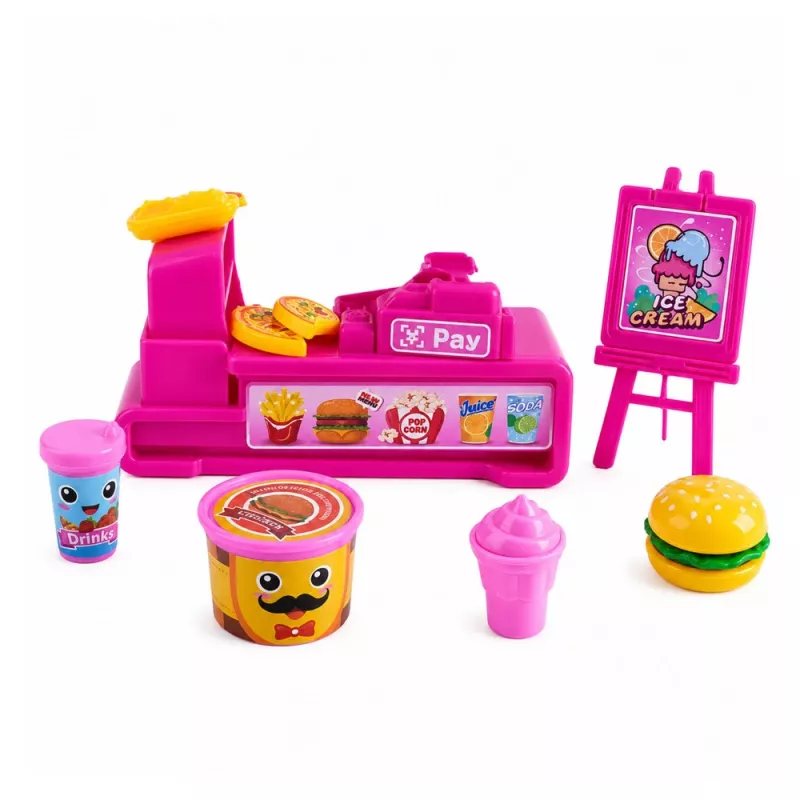 LEAN TOYS Mini lėlių rinkinys su kasos aparatu, pardavėja, mėsainiu, ledų aksesuarais
