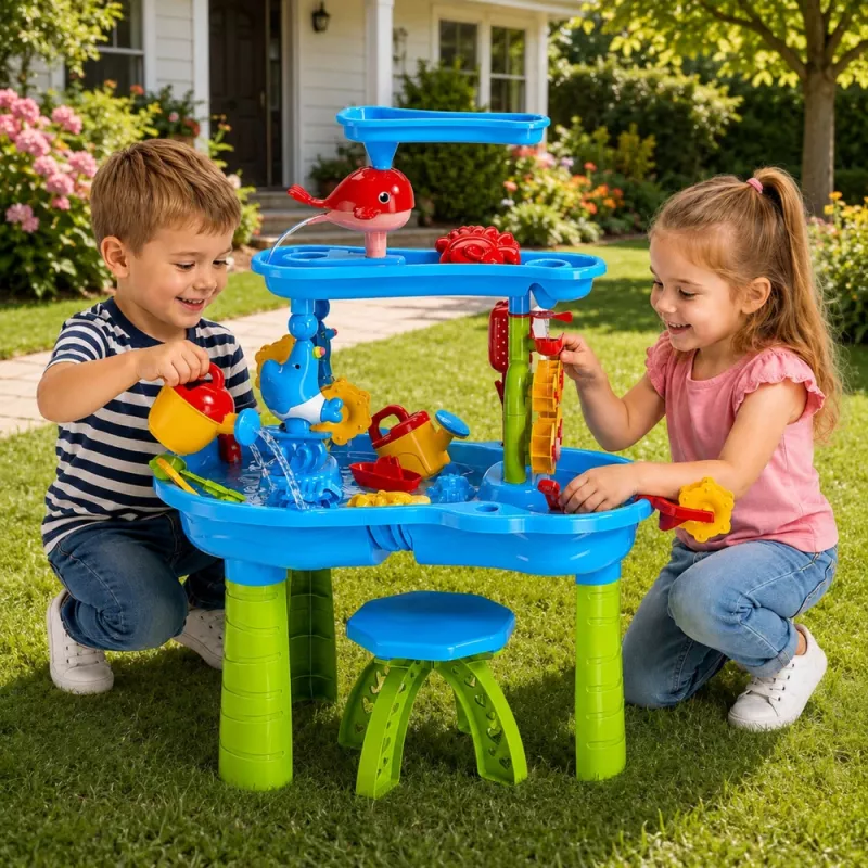 LEAN TOYS Daugiapakopis vandens stalas su kėdute ir formelėmis 63cm