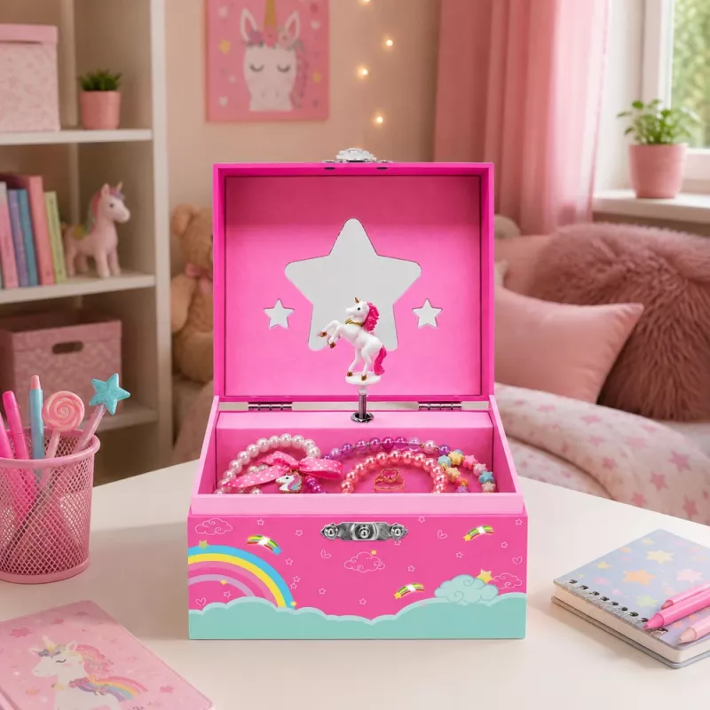 LEAN TOYS Muzikinė dėžutė papuošalams Sukamas vienaragis Rožinė