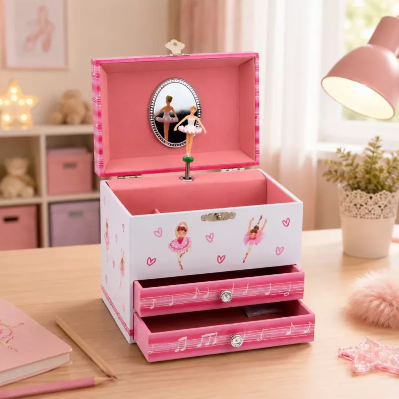 LEAN TOYS Muzikinė papuošalų dėžutė su balerina, muzikos dėžute, veidrodėliu ir stalčiais - rožinė klasikinio dizaino