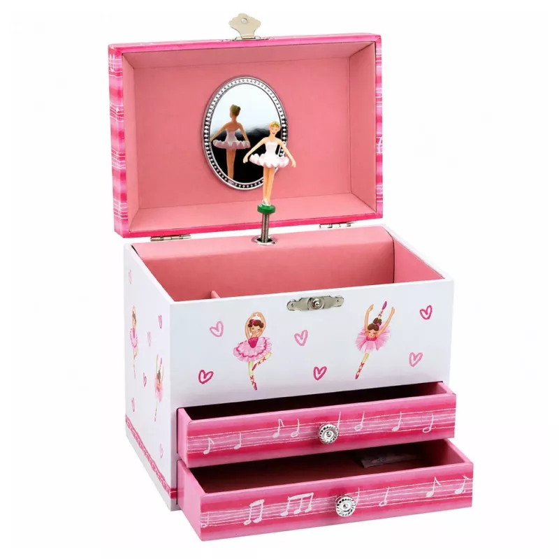 LEAN TOYS Muzikinė papuošalų dėžutė su balerina, muzikos dėžute, veidrodėliu ir stalčiais - rožinė klasikinio dizaino