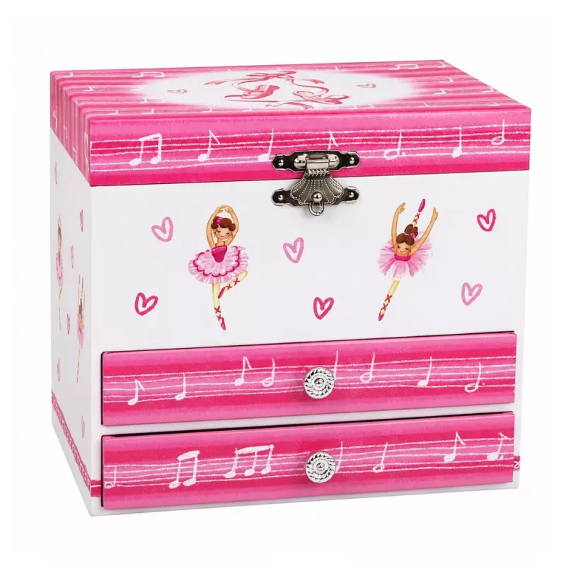 LEAN TOYS Muzikinė papuošalų dėžutė su balerina, muzikos dėžute, veidrodėliu ir stalčiais - rožinė klasikinio dizaino