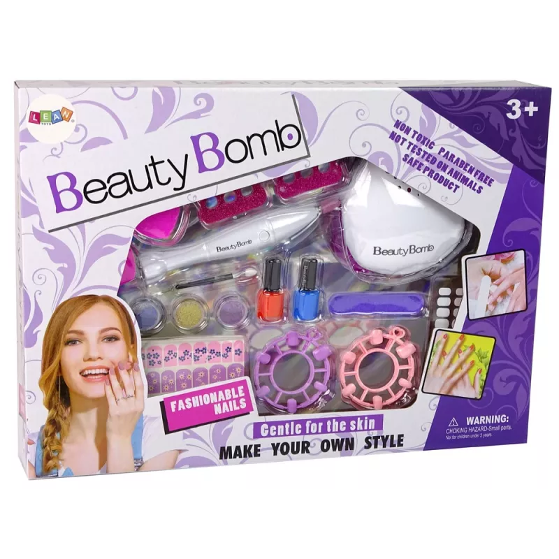 LEAN TOYS Nagų dažymo rinkinys su formavimo įrankiu, lempa, dilde ir brokato dekoracijomis