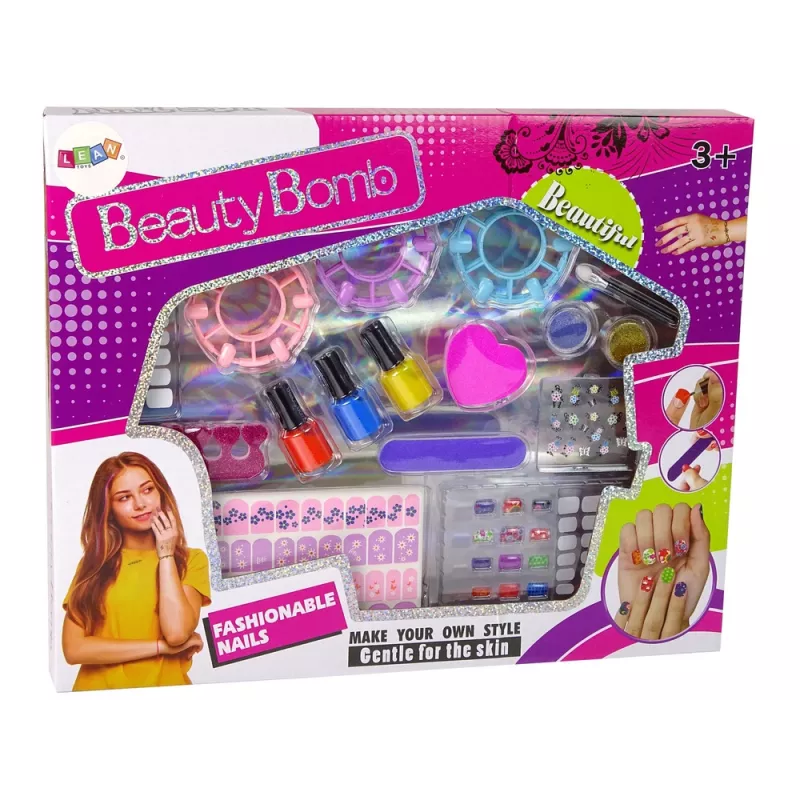 LEAN TOYS Nagų dažymo rinkinys: nagų lakai, lipdukai, šablonai, blizgučiai