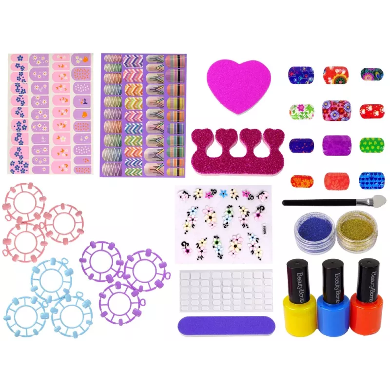 LEAN TOYS Nagų dažymo rinkinys: nagų lakai, lipdukai, šablonai, blizgučiai