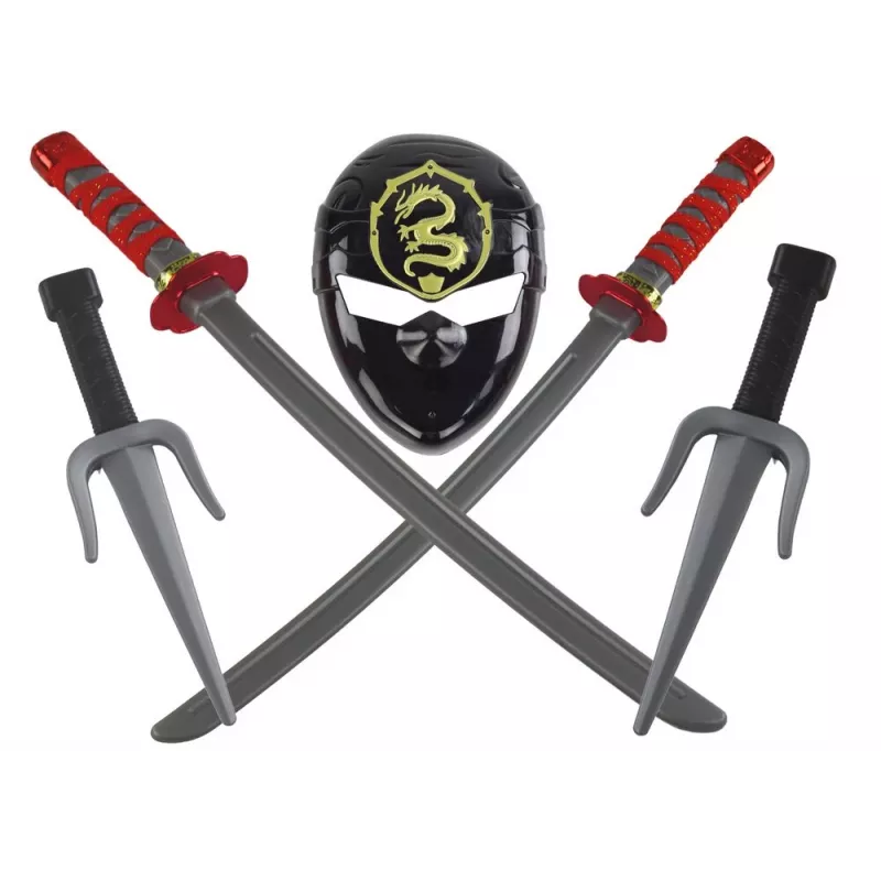 LEAN TOYS Ninja Warrior rinkinys su kauke, kardu, durklais, shurikenais, lanku ir strėlėmis – raudonos dekoracijos (10 dalių)