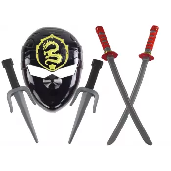 LEAN TOYS Ninja Warrior rinkinys su kauke, kardu, durklais, shurikenais, lanku ir strėlėmis – raudonos dekoracijos (10 dalių)