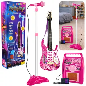 LEAN TOYS Rožinė elektrinė gitara su mikrofonu ir stiprintuvu