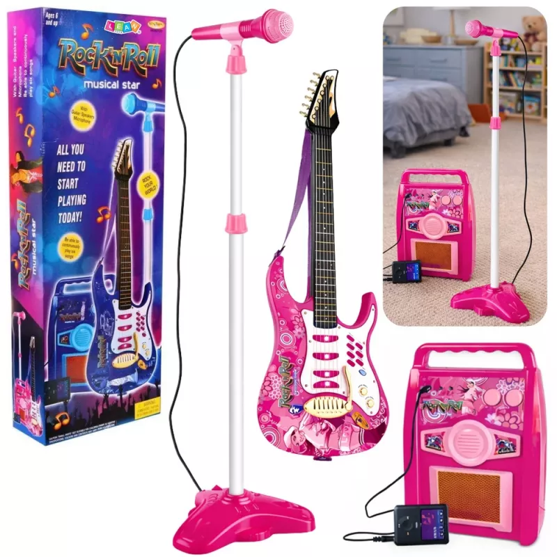 LEAN TOYS Rožinė elektrinė gitara su mikrofonu ir stiprintuvu