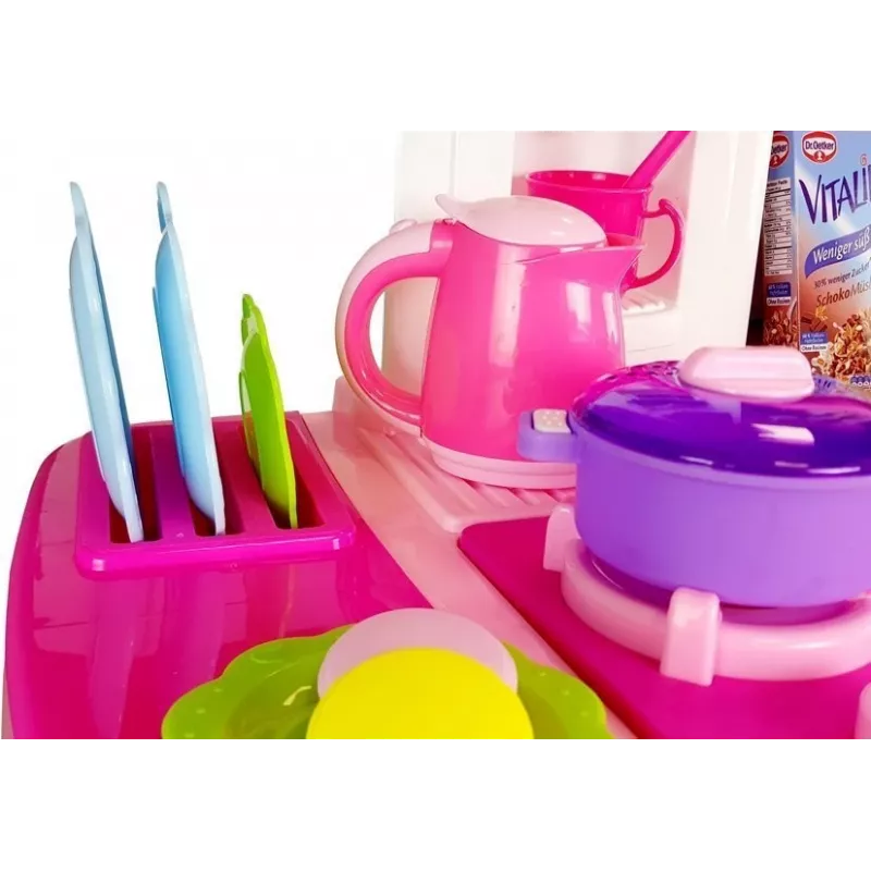 LEAN TOYS Pink Kitchen su vandens puodais, bakalėjos prekėmis ir garsu