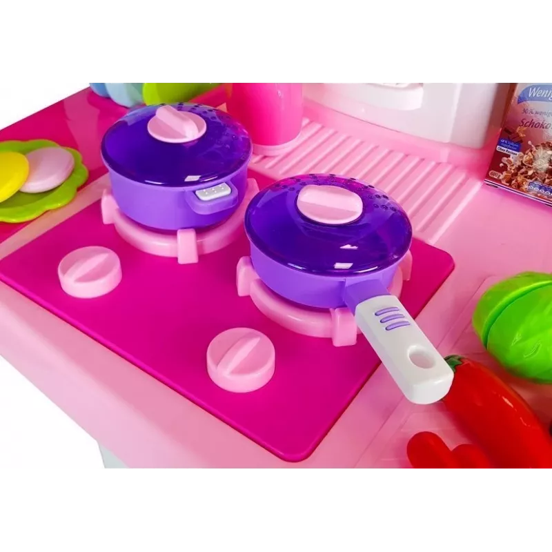 LEAN TOYS Pink Kitchen su vandens puodais, bakalėjos prekėmis ir garsu