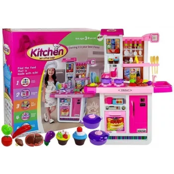 LEAN TOYS Pink Kitchen su vandens puodais, bakalėjos prekėmis ir garsu