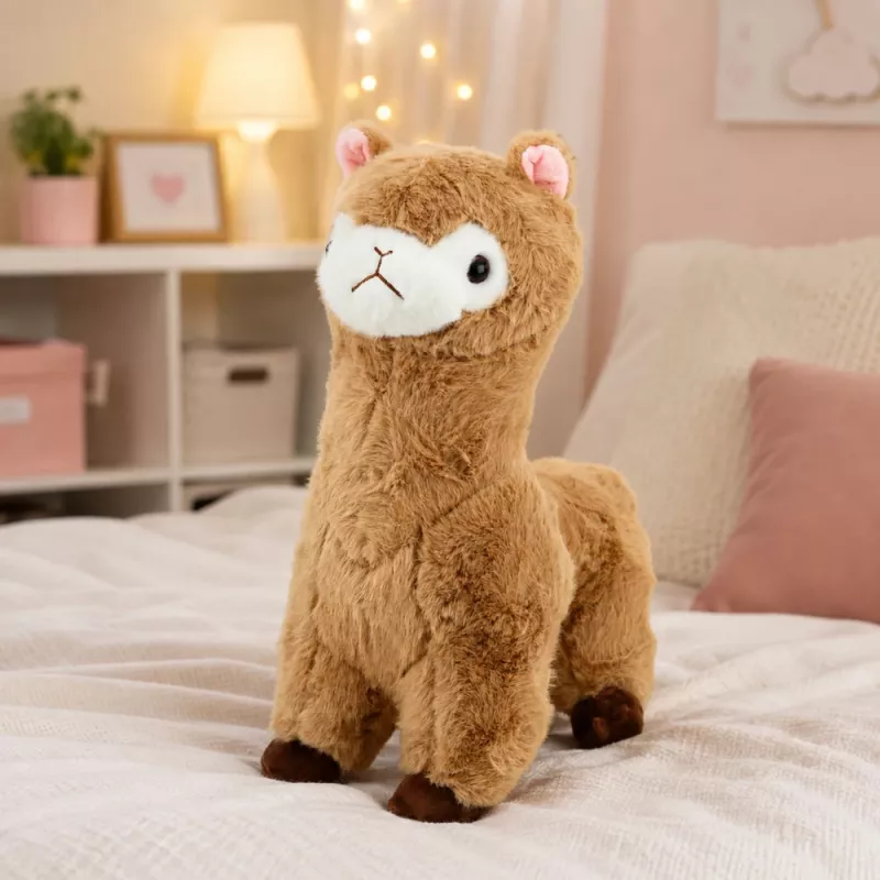 LEAN TOYS pliušinė alpaka minkštas žaislas minkštu kailiu smėlio spalvos 28 cm