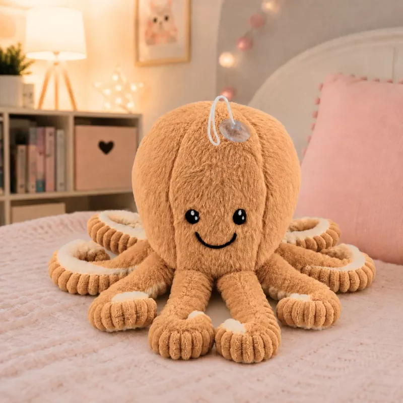 LEAN TOYS Pliušinis aštuonkojis minkštas žaislas su siurbtuku smėlio spalvos 16 cm