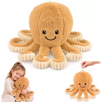 LEAN TOYS pliušinis aštuonkojis su elastiniais čiuptuvais, smėlio spalvos 50 cm – minkštas glėbesčiuojamas žaislas