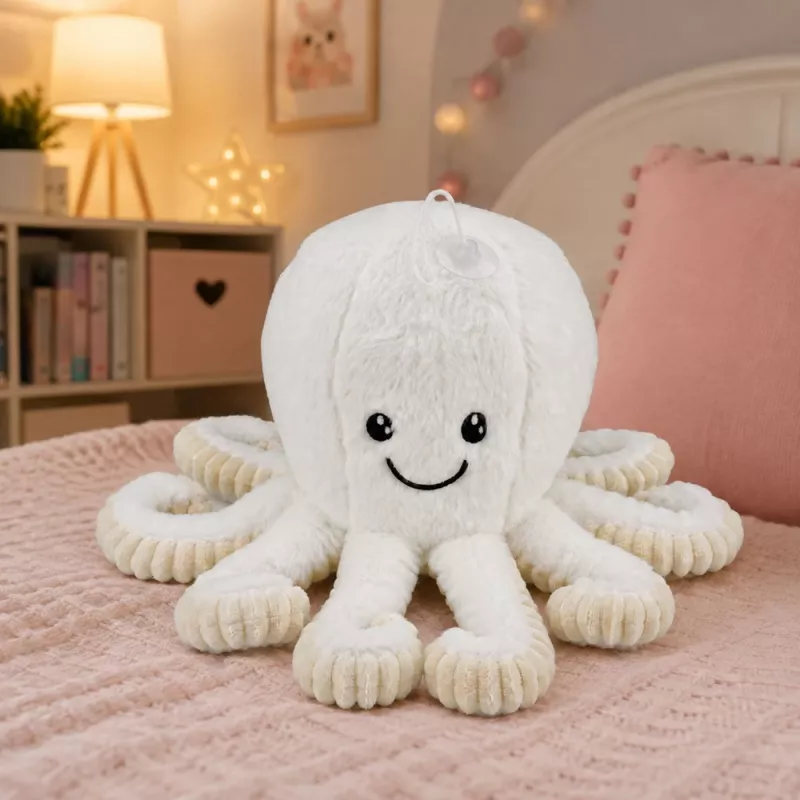 LEAN TOYS Pliušinis aštuonkojis su pritvirtinimo siurbtuku, baltas, 16 cm – minkštas jūrų gyvūnijos kompanionas