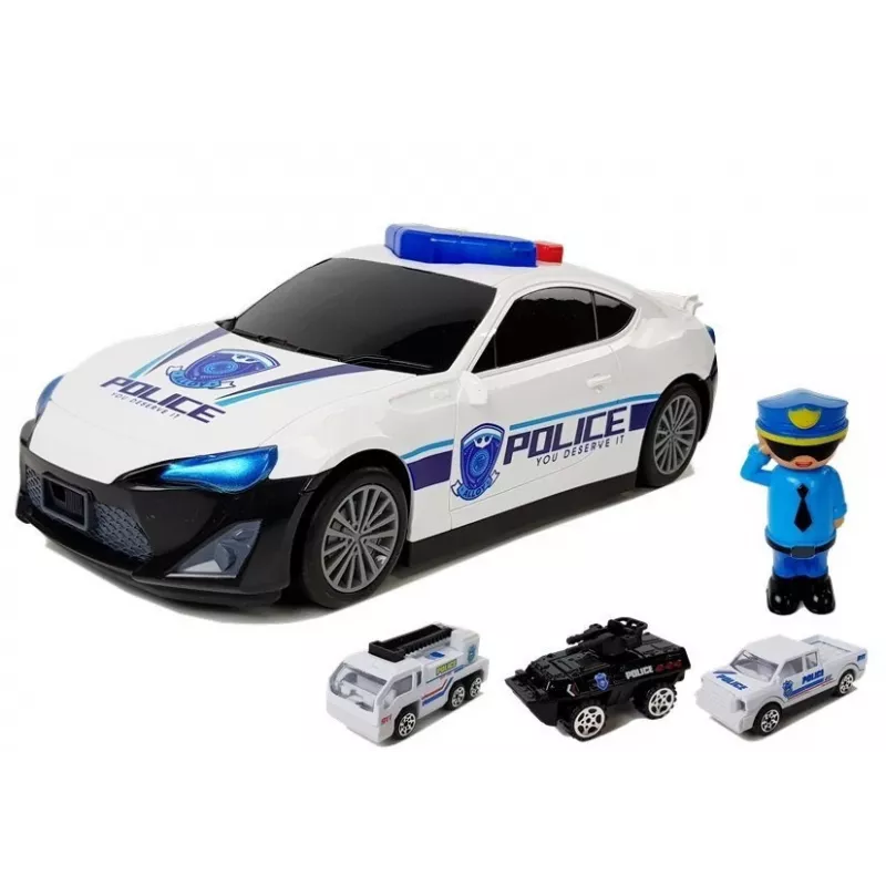 LEAN TOYS Policijos automobilio saugojimo garažas 2in1 su policininku, mažais automobiliais, garsu ir šviesa