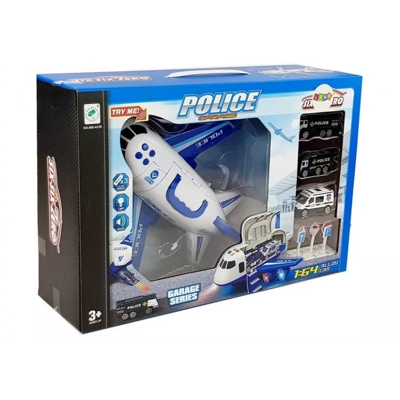 LEAN TOYS policijos lėktuvas su automobiliais 1:64 su šviesomis ir garsais