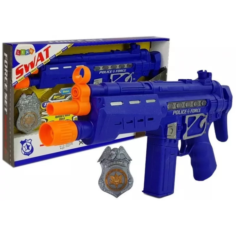 LEAN TOYS Policijos ginklo rinkinys su ženkleliu, tamsiai mėlynas, garso ir šviesos efektai, 37 cm