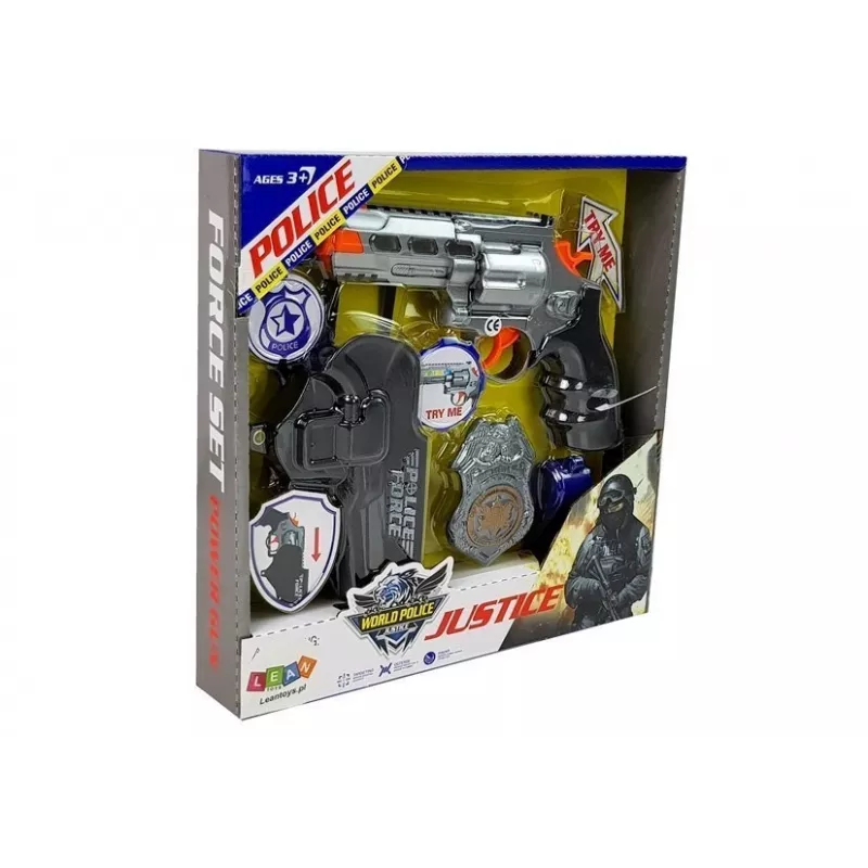 LEAN TOYS Policijos rinkinys Revolveris 20cm Ženkliukas Dėklas Švilpukas Garsas Šviesos efektai