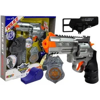 LEAN TOYS Policijos rinkinys Revolveris 20cm Ženkliukas Dėklas Švilpukas Garsas Šviesos efektai