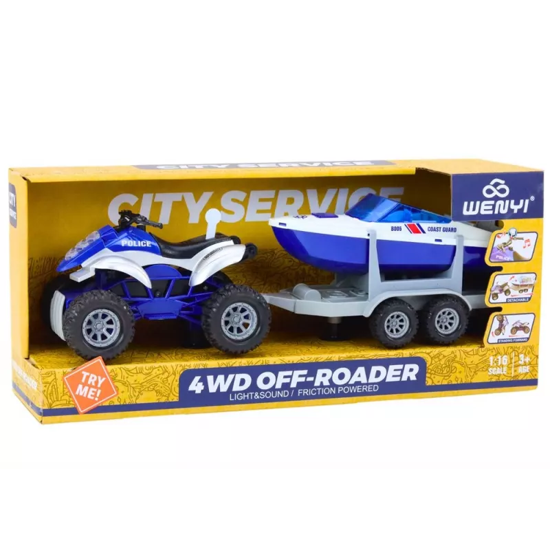 LEAN TOYS Policijos keturratis su priekaba ir motorine valtimi