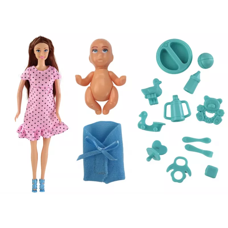 LEAN TOYS Pregnant Mom Baby Doll Pink Dress Accessories
