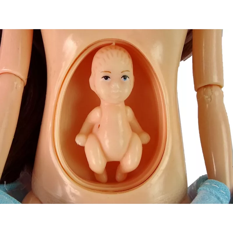 LEAN TOYS Pregnant Mom Baby Doll su atidaromu pilvuku ir mėlyna suknele 30 cm