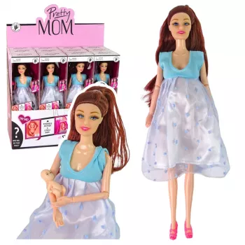 LEAN TOYS Pregnant Mom Baby Doll su atidaromu pilvuku ir mėlyna suknele 30 cm